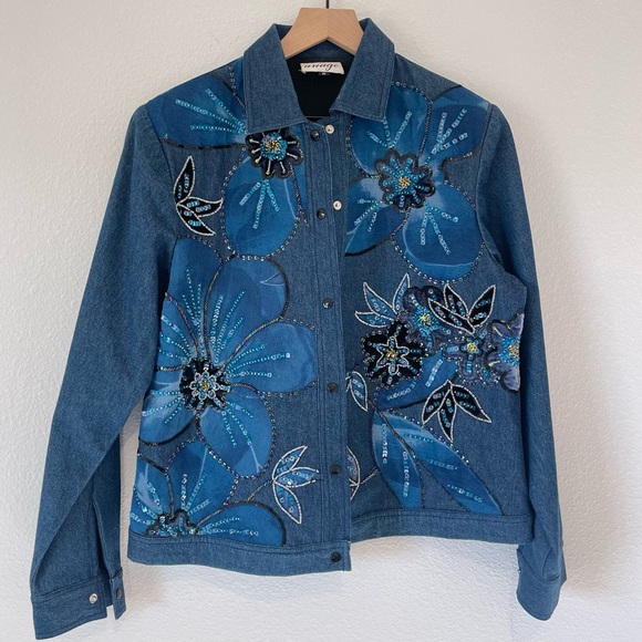 Anage Jackets & Blazers - Vintage Anage Jean Jacket with Floral and Beaded Embellishments